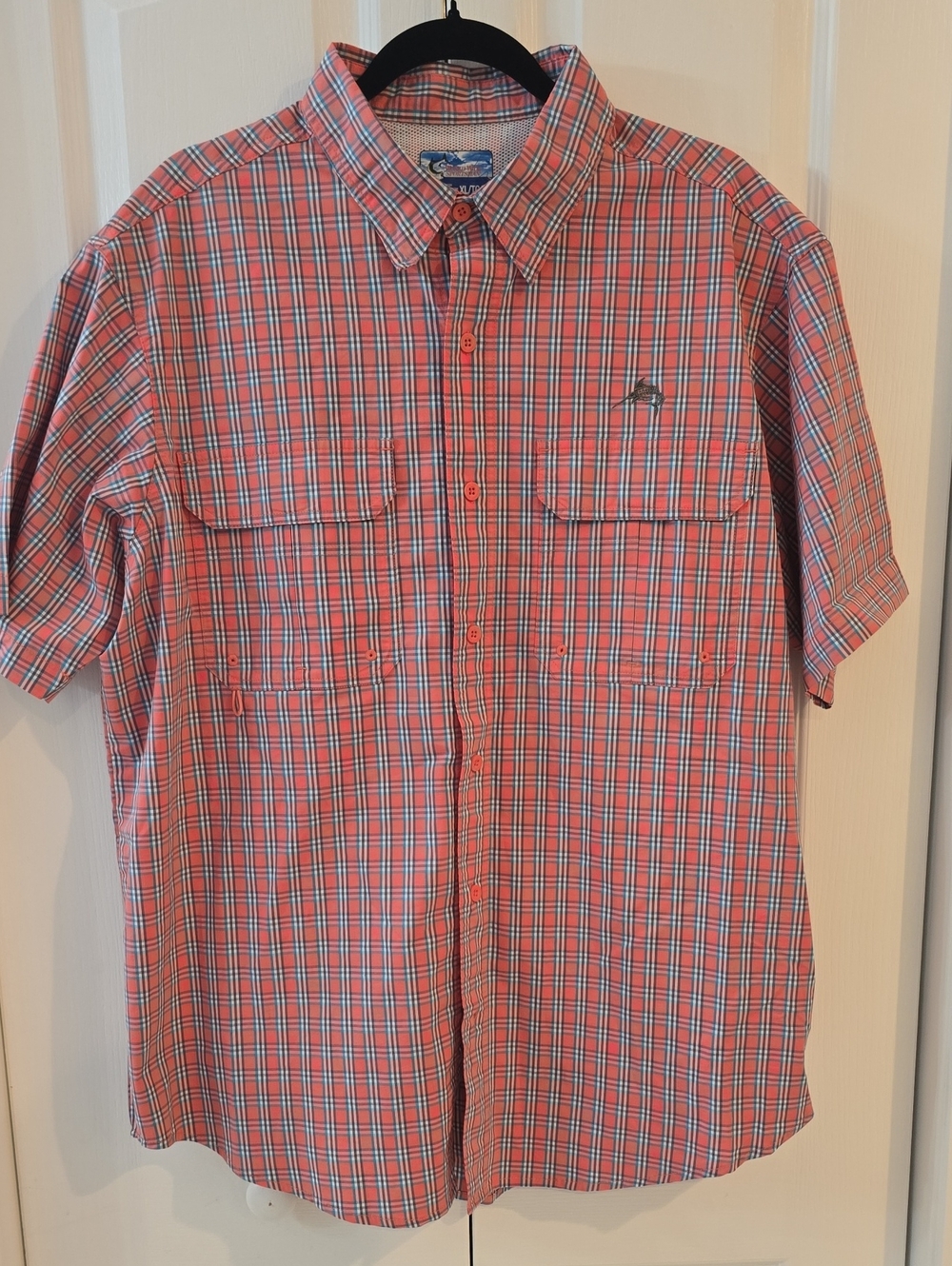 Bass Pro Shops Coral and Blue Plaid Short-Sleeve Button-Down Shirt